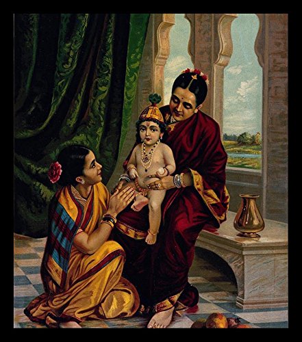 Image of Tallenge Infant Krishna Sitting On Yashodas Lap - by Raja Ravi Varma Medium Canvas - Framed (12 x 9 inches)