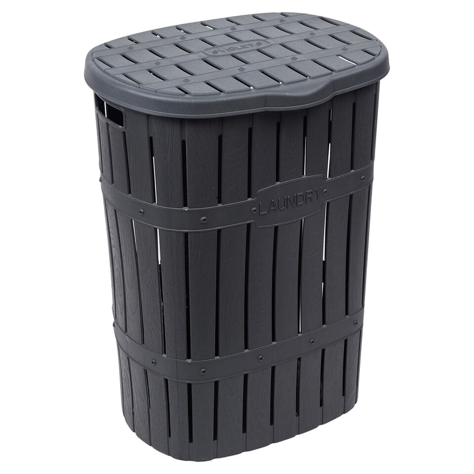 URBNLIVING 65L Plastic Bamboo Style Laundry Basket Storage Bin With Handles & Easy Open Lid Stylish and Practical Solution for Organizing Laundry Essentials