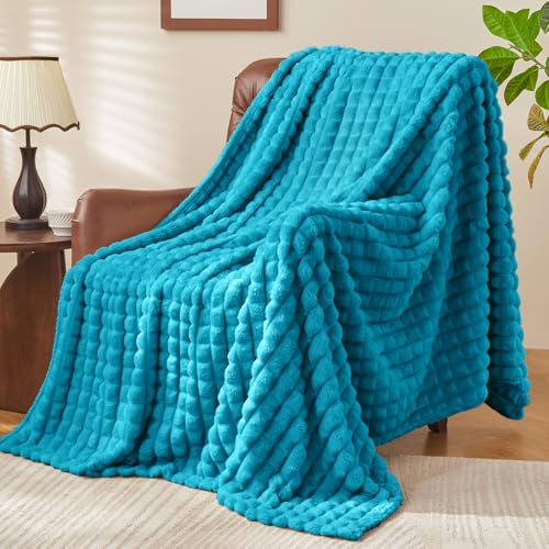 Image of BEDELITE 3D Checked Teal Fleece Twin Throw Blanket for Bed, 60x80 Inch
