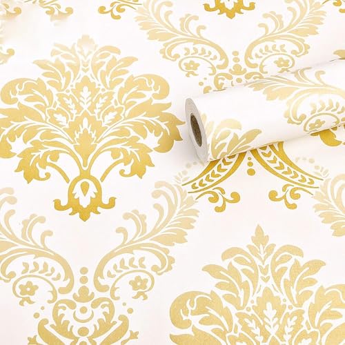 Image of White Golden Luxury Floral Damask Pattern Wallpaper 45x300cm | Self-Adhesive Wall Sticker | Decorative Vinyl Paper for Living Room, Sofa Background & Hallway Decor