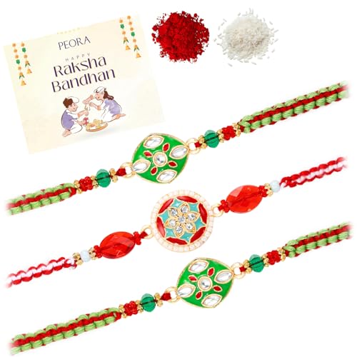 Image of Peora Rakhshabandhan Thread Rakhi for Brother Bhaiya | Crystals & Kundan Studded | Combo, Set of 3 | Rakhi Hamper with Roli Chawal & Greeting Card