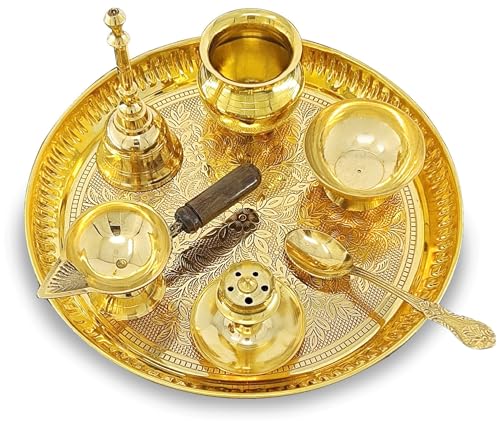 Image of BENGALEN Brass Puja Thali Set 8 Inch Pooja Thali with Pital Plate Kalash Chandan Wati Diya Dhup Dan Ghanti Spoon Arti Thali for Diwali Home Office Mandir Wedding Return Gift Items