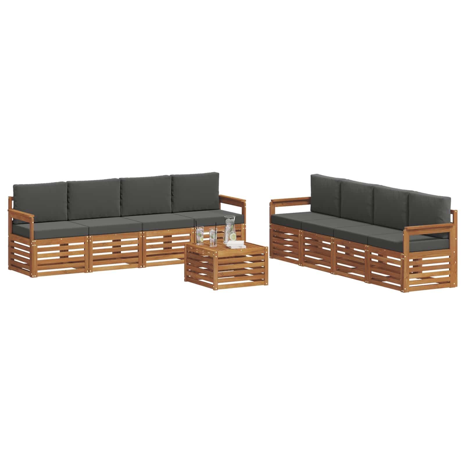Outdoor-Garnitur 9-teilig aus massivem Akazienholz für Garten Terrasse Balkon wetterfestes Sitzgruppen-Set mit Tisch, Sofas, Sesseln, Kissen, Natur und anthrazit