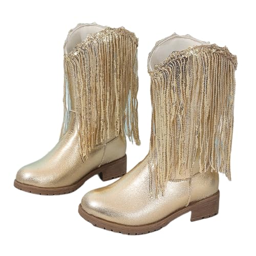 Girls Winter Low Heels Princess Boots Tassel Sequin Mid Calf
