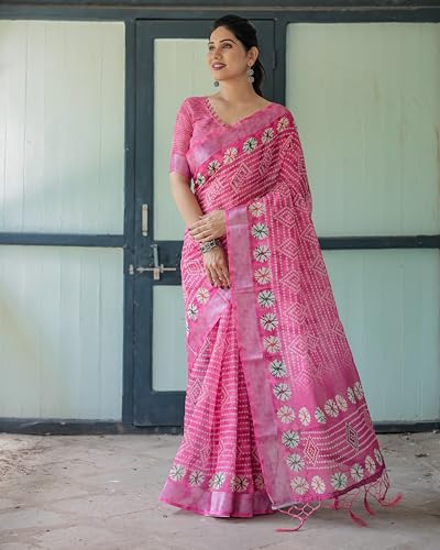 Image of Kaugalian store Linen Cotton Floral Printed Saree for Women with Unstitched Blouse Piece | 5.5 M Saree & 0.8 M Blouse