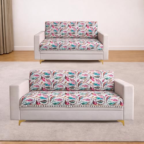 Image of Homerz Premium Printed Quilted Velvet Sofa Slip Cover Protector with Tassels, Sofa Mat, Exact Size, Antislip Cover (Multileaf, 5 (3+2) Seater, Full)