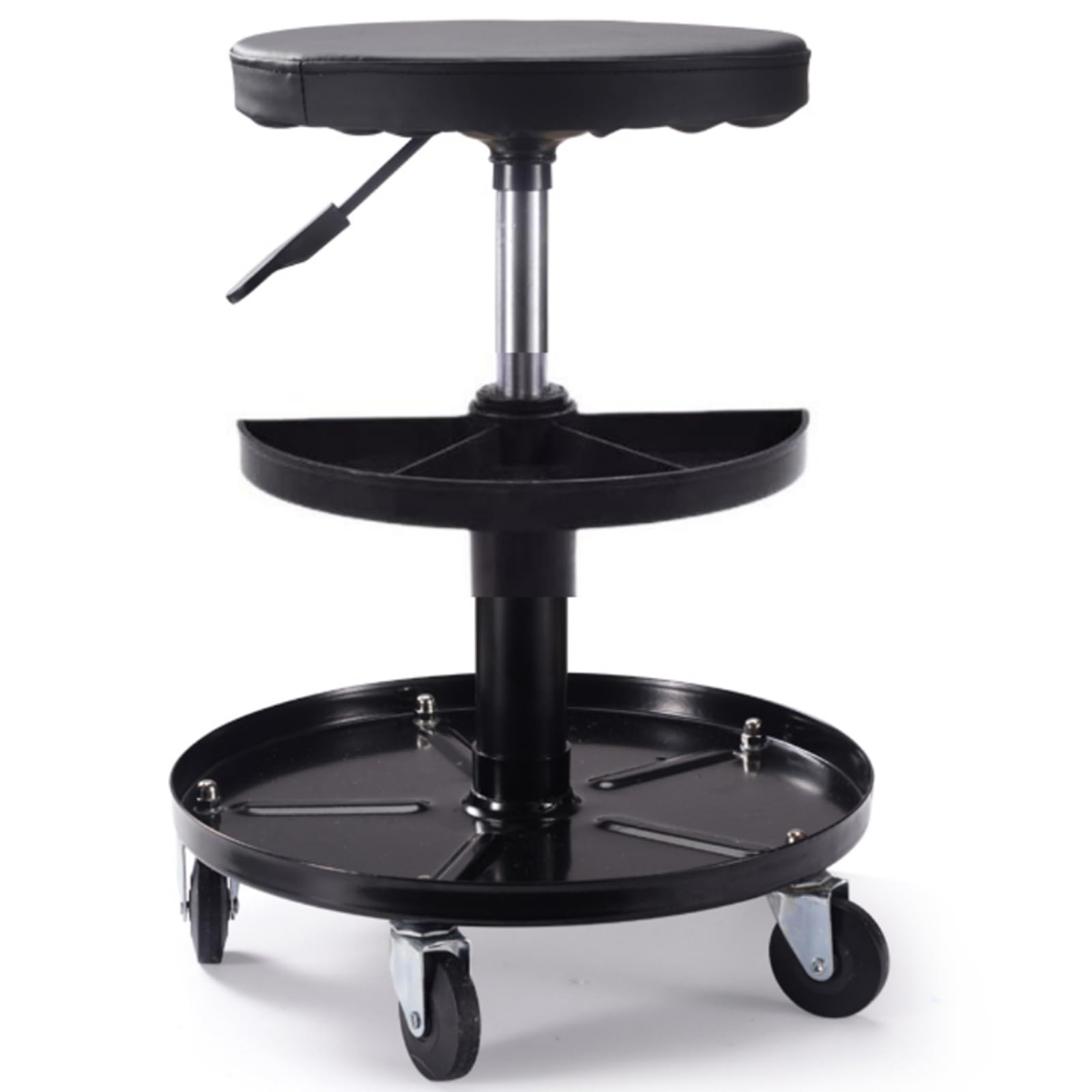 Sgabello da Officina Regolabile, Sgabello da Officina Mobile con Vassoio E Seduta Tonda, Sedia Meccanico Altezza Regolabile E Girevole 150 kg, 2 Ripiani Longueur RéGlable : 42 à 56 Cm,Nero
