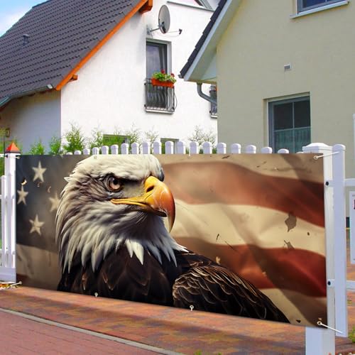 Image of 13x6 ft American Bald Eagle Flag Garage Door Banner - Patriotic Eagle with Stars and Stripes Backdrop, Hanging Garage Decor - for 4th of July Independence Day Decor, USA Pride Outdoor Wall Art