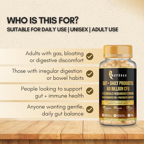 Image of Gut Health Probiotic 60 Billion CFU - 12 Strains Synbiotic | Postbiotic + FOS & GOS Prebiotics | Supports Digestion, Gut Flora & Immunity | Daily Gut Balance Supplement | 120 Capsules (120 Days)