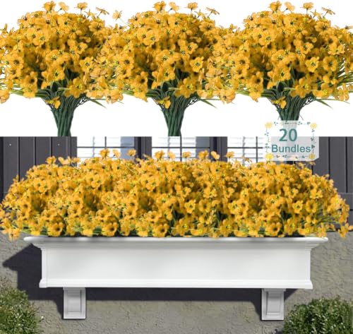 Satefello 20 Bundles Artificial Flowers for Outdoors Fall Autumn Decoration, UV Resistant Fake mums with Plastic Plants, Faux Silk Flowers for Outside Front Porch Patio Decor-Yellow - image 1
