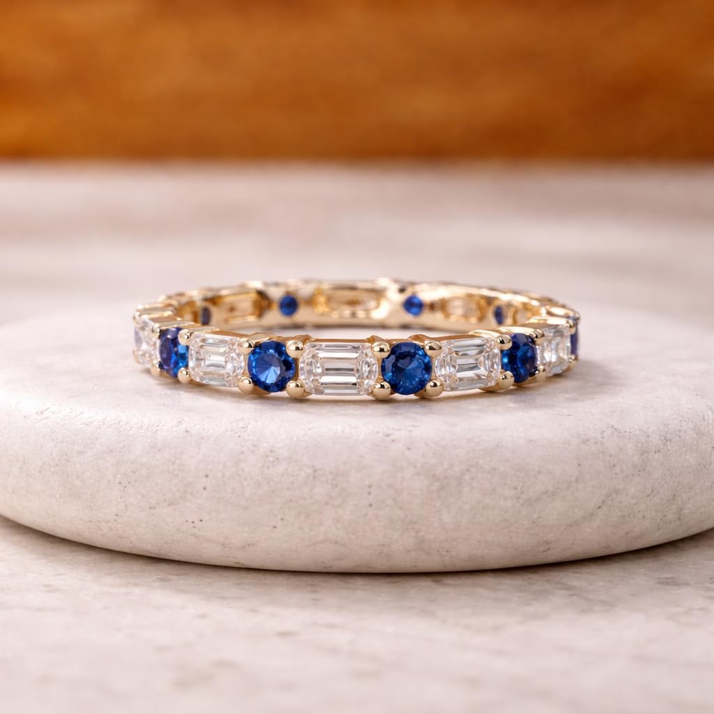 Oval Blue Sapphire & Baguette CZ Diamond Eternity Promise Band For Woman Solid Yellow Gold Anniversary & Wedding Her For Jewelry Gift