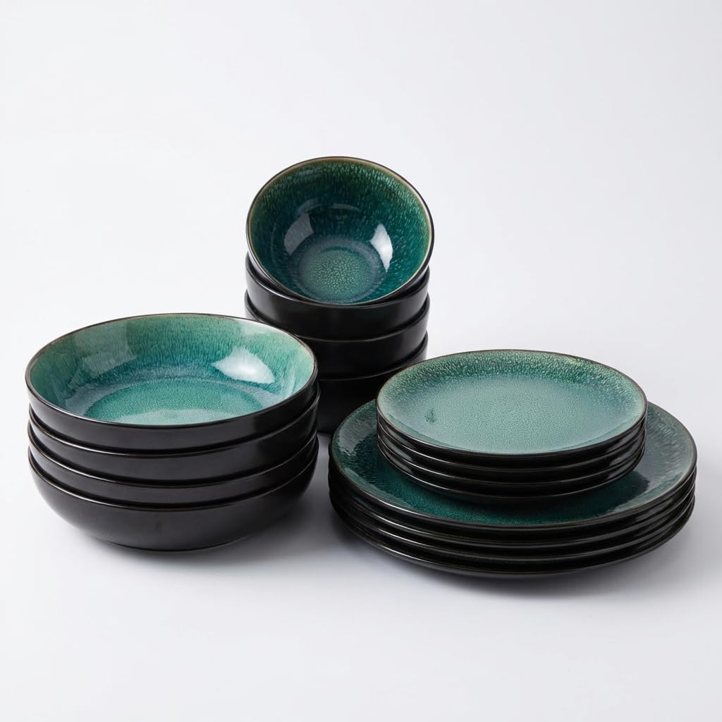 Rivah Green Reactive Glaze Stoneware Tableware Set 16 Piece | Service for 4 | Dishwasher Safe | Nordic Artisan Dinnerware | Scandi Home — image 1