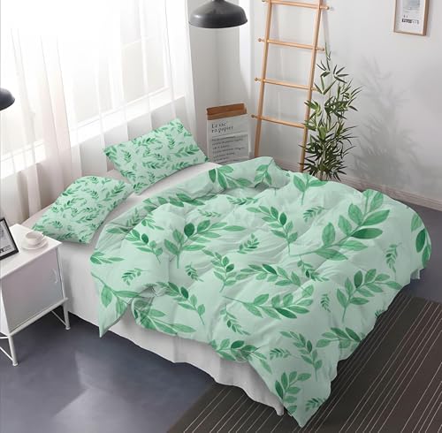 Juego de Fundas nórdicas Verde Menta Ropa de Cama Suave botánica nórdica con 2 Hojas de abadejo Juego de Ropa de Cama de Hojas de Acuarela con Cierre de Cremallera 260x240 cm