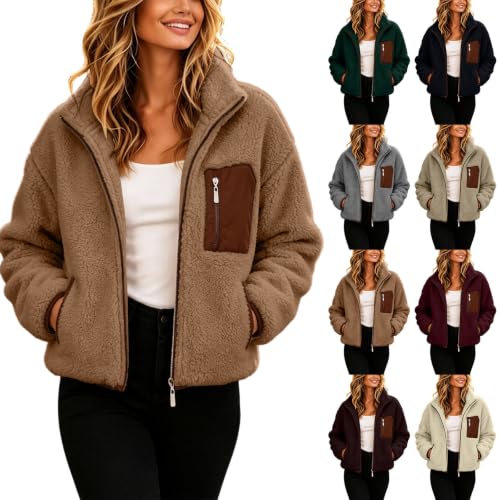 Women's Sherpa Fleece Jacket Stand Collar Fuzzy Faux Shearling Zipper Coats - image 1