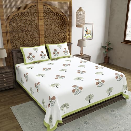 Image of BLOCKS OF INDIA Hand Block Printed 200 TC Cotton King Size Bedsheet (Open Green Motifs)