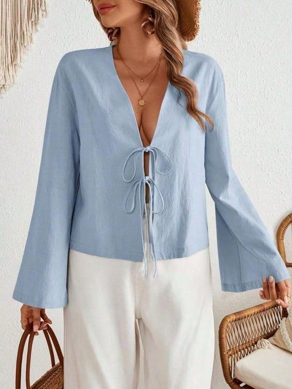 Chvity Tie Front Tops for Women Y2K Linen Shirts Flare Sleeve V Neck Going Out Coquette Clothes Casual Lace Up Bow Blouses - Image 3