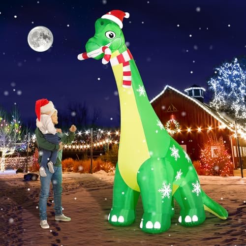 zukakii 13FT Giant Dinosaur Christmas Inflatable Decorations, Built-in LED Lights, Strong Blower Huge Blow Up Yard Clearance Decor with Large Candy Cane Xmas Santa Hat Outdoor Indoor Holiday Party