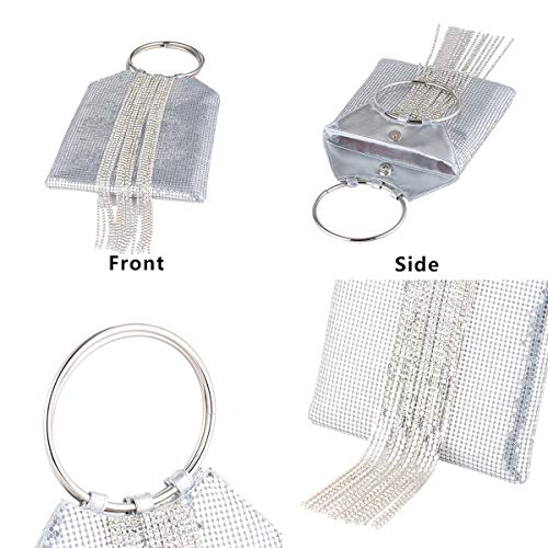 Image of Wrist Handle Cocktail Party Wedding Evening Clutch Crystal Rhinestone Tassels Tote Handbag Metal Mesh Evening Bag