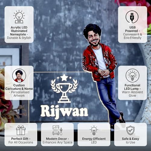 Image of Personalized LED Acrylic Name Plate with Custom Caricature - Customized Gift for Men, Birthday & Valentine's Day Gift, Desk Decor Showpiece, Full Clothes Bodybuilder Caricature