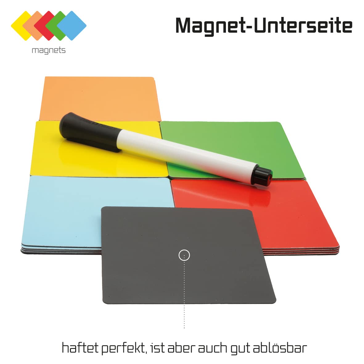 SILMO - 100x Magnetstreifen beschreibbar 75x75mm bunt + Marker Stift - Whiteboard Kanban Scrum Board - Kühlschrank Magnete abwischbar wiederbeschreibbar - zuschneidbare Haftstreifen Büro Tafel Lager