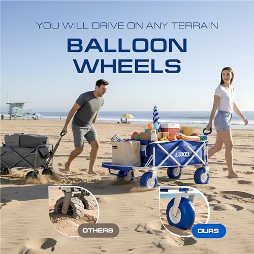 Image of Beach Wagon with Big Wheels for Sand - Heavy Duty Collapsible Folding Utility Wagon Cart 300lbs Capacity with 9 inch All-Terrain Pneumatic Tires & Cup Holders - Portable Garden Camping Outdoor Cart (Blue)