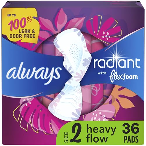 Always Radiant Feminine Pads for Women, Flexfoam Pads with Wings, Size 2, Heavy Absorbency, Lightly Scented, 36 Count