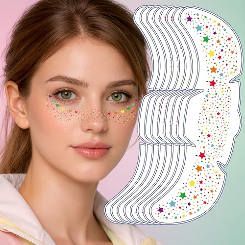 Pride Accessories - 8 Pack Rainbow Freckles Temporary Face Tattoos | Sparkle Heart Star Face Stickers Makeup - Pride Outfits for Women Party Favors Gifts Decorations