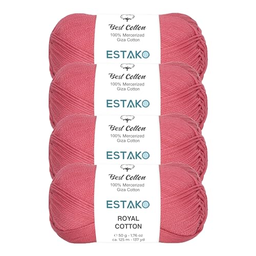 Image of Estako Royal Cotton, (4 Skeins Pack) 100% Mercerized Giza Cotton Yarn, Soft, Super Fino for Crochet and Knitting (4 x 1.76 Oz) / (4 x 137 Yrds) (5070 - Pink)