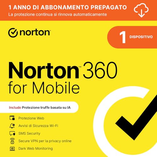 Norton 360 Mobile 2026|Antivirus 1 dispositivo |Android IOS|12 mesi | rinnovo automatico