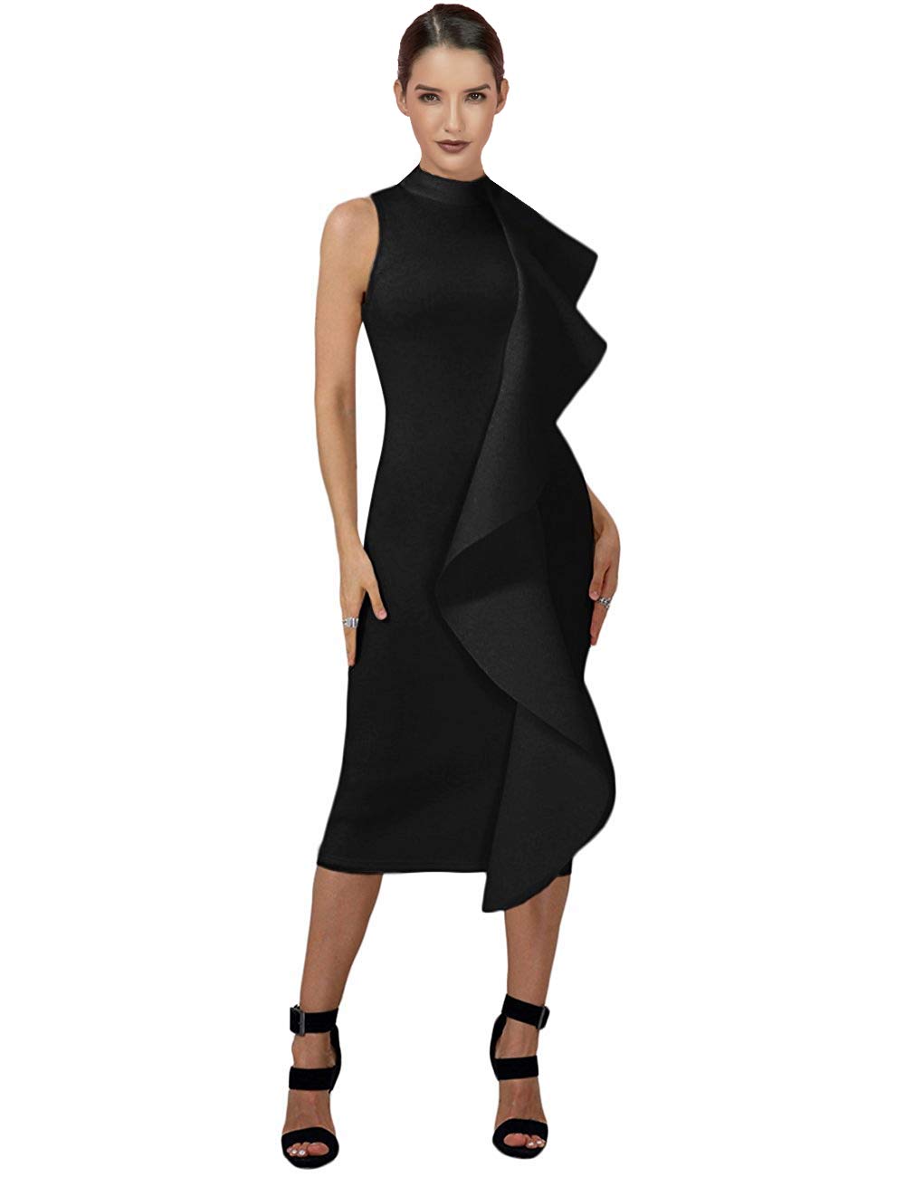 Maketina Women's High Neck Sleeveless Ruffle Patchwork Cocktail Bodycon Party Bandage Dress