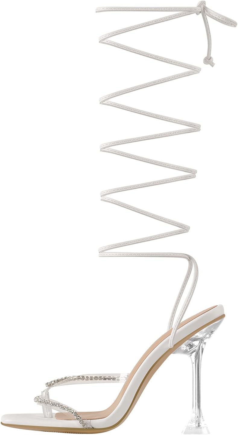 Sextag Women's Rhinestone Clear Heels Split Toe Gladiator Lace Up Strappy Sandals