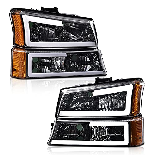 CNNELL Upgraded Headlight Assembly with LED DRL Bar Compatible with Chevy Avalanche 2003 2004 2005 2006/Silverado 1500 2500 3500 1500HD 2500HD 2003-2007(Smoky lens Chrome Housing Amber Reflector F)
