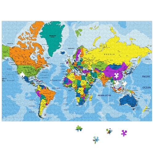 Rompecabezas de 500 piezas con bolsa de almacenamiento, patrón de mapa mundial, actividad familiar, 20.5x14.9 pulgadas, tablero premium de 1MM de grosor