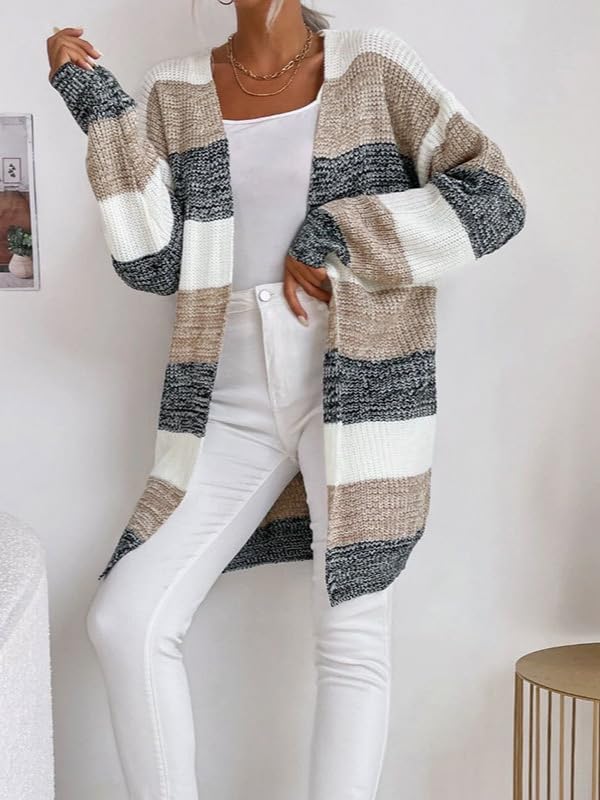 Image of Open Front Cardigan for Women,Color Block Cardigan for Women,Long Sleeve Batwing Tops for Women,Lightweight Winter Coat Women