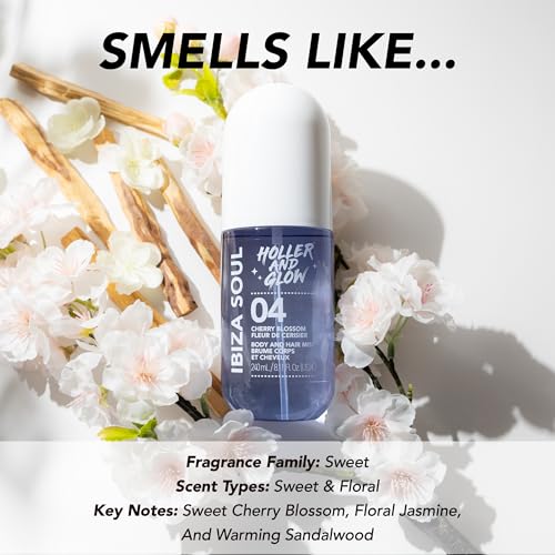 Image of Holler And Glow Ibiza Soul Cherry Blossom Body And Hair Mist, 8.11 Fl Oz | Dual-purpose hydrating mist nourishes strands & skin with floral extracts for soft, fresh, all-day glow.