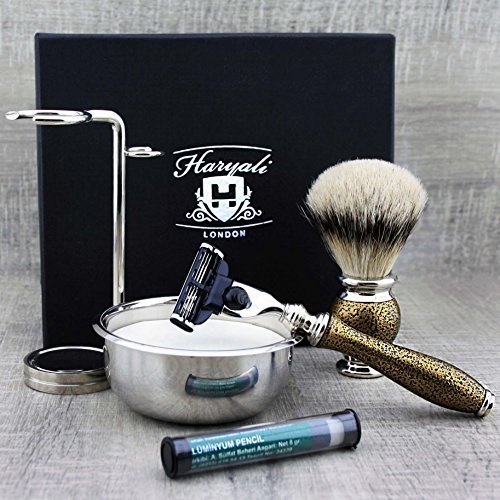 Haryali London Gold Antik Design męski zestaw do golenia 3 Edge, brzytwa, pędzel do golenia, miseczka do golenia, mydło do golenia, stojak do golenia i sztyft Alaun