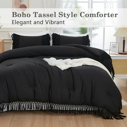 Image of Andency Black Full Size Comforter Set, 3 Pieces Boho Tassel Lightweight Soft Bedding Comforter Sets, All Season Fluffy Fringe Bed Set (79x90In Comforter & 2 Pillowcases)