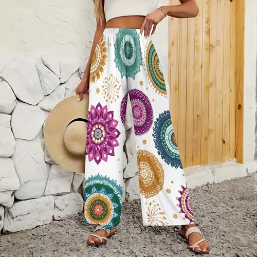 Womens 2025 New Floral Print Wide Leg Pants Lounge Baggy Elastic High Waist Straight Leg Palazzo Trousers4