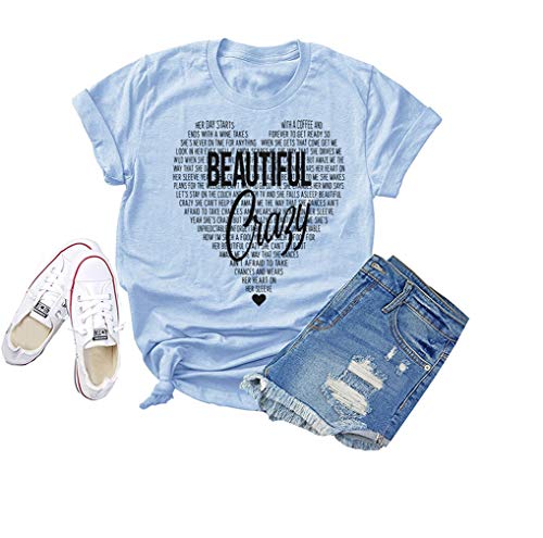 Beautiful Crazy T-Shirt Women Funny Cute Inspirational Letter Printed Graphic Casual Tee Tops (Light Blue, XL)
