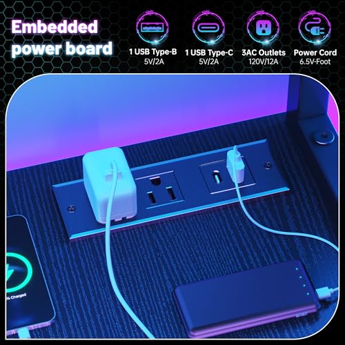 Image of DurayLoly Gaming Desk with LED Lights & Outlets,55 inch L Shaped Computer Desk with Shelves & Storage Hutch,Reversible Corner Gaming Table with Printer Space & Monitor Stand for Home Office,Black