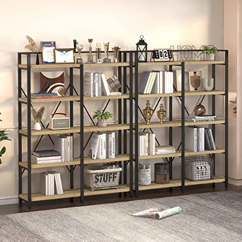 Fatorri Bookshelf, Industrial 5 Tier, Rustic Wood Etagere Bookcase, Metal Tall Book Shelf With Large Open Shelving Unit (Rustic Oak, 51 Inch Wide) #TOP4