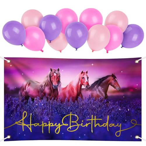Immagine prodotto: Decorazione Compleanno Bambina Ragazza Festone Happy Birthday 12pz Palloncini Rosa Striscione Sfondo Fotografico Cavallo Striscione Addobi per Festa di Compleanno
