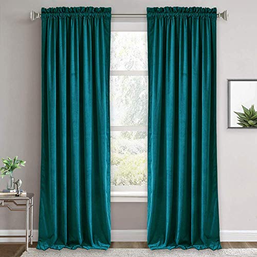 Image of RYB HOME Extra Long Velvet Curtains 102 inches for Sliding Patio Glass Door | Energy Saving, Thermal Privacy, UV Heat Blocking, for Living Room Bedroom Dining Room, Peacock Blue, W52 x L102, 2 Panels