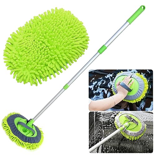 Image of 2 in 1 Microfiber Car Wash Brush Mop Mitt with 45 inch Aluminum Alloy Long Handle, Car Cleaning Kit Brush Duster, Free Cleaning Tool Dust Collector Supply for Washing Truck