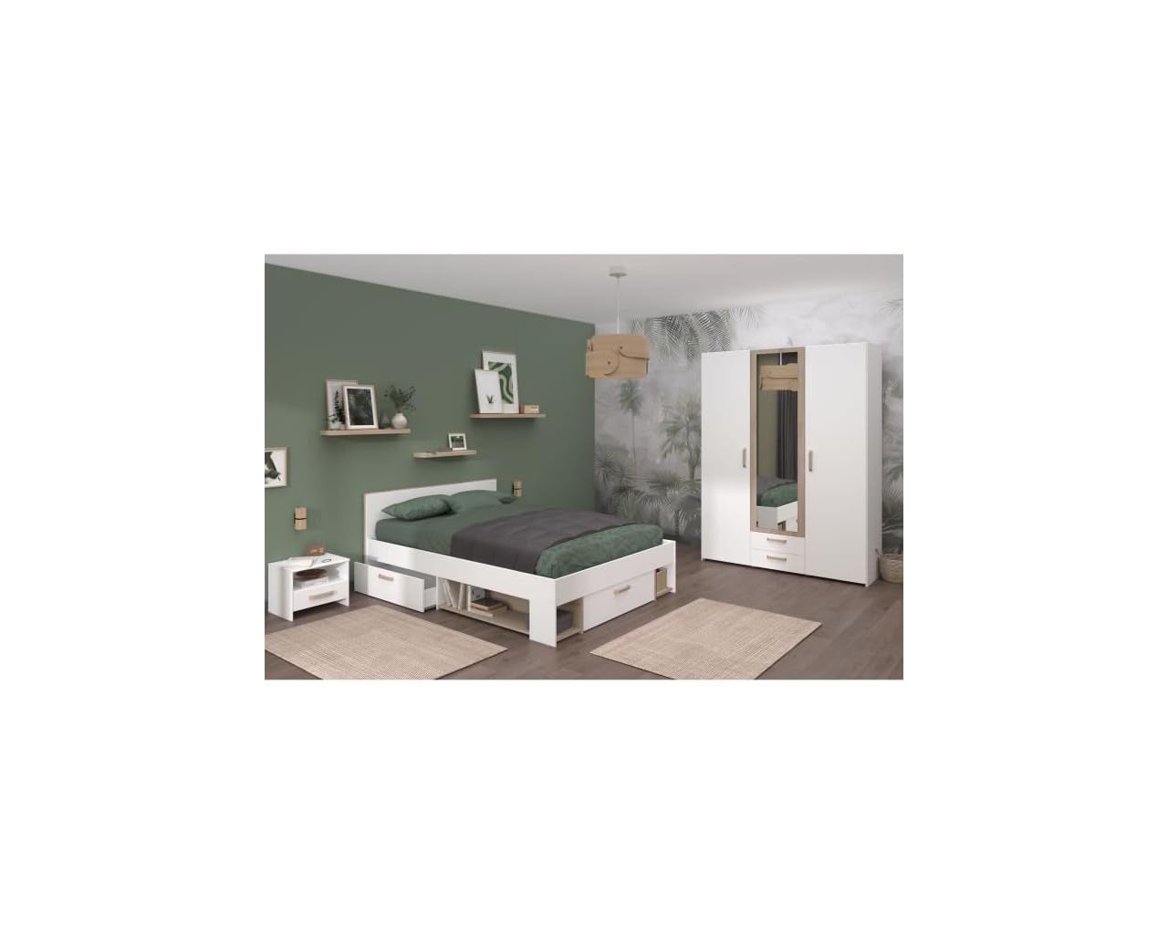 Chambre complete adulte - DREAM - Lit 140x190/200 cm + 2 chevets + armoire - Décor blanc et chene - PARISOT