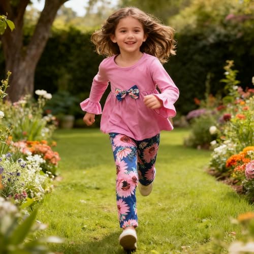 Image of Kids Toddler Girls Clothing Set Long Sleeve Top With Bowknot ＋Floral Print Pants 2 Pcs Fall Outfits Set