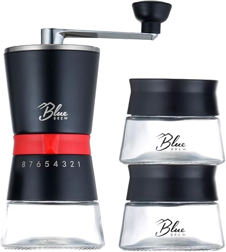 Blue Brew Molinillo de café manual, molinillo de café manual con rebabas de cerámica y 15 grosores ajustables, 2 tarros de vidrio herméticos con
