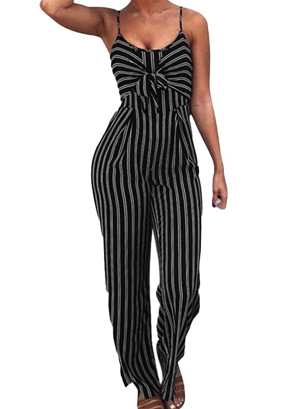 Andongnywell Womens Sexy Spaghetti Strap Striped Wide Leg Long Pants Palazzo Jumpsuit Rompers Ladies Outfits Romper (Black,Medium)