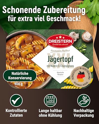 DREISTERN Jägertopf mit Nudeln & Champignons 900g I Herzhaftes Fertiggericht in Mikrowellenschale I Lange Haltbarkeit dank natürlicher Konservierung I Hausmacher Qualität – Bild 3