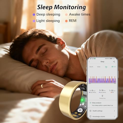 Image of Smart Ring for Women Men Health Ring with Heart Rate, Blood Oxygen, Sleep Tracker, Step Tracker, IP68 Waterproof Fitness Ring for iOS & Android,No Subscription Fee (Gold, 7#)